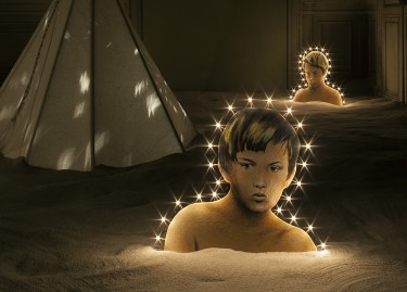 Claude Lévêque, La Nuit, 1984, Portraits peints sur bois découpé, lampes, tipis, projection de lumière. Diffusion sonore, ambiance nocturne. Conception sonore en collaboration avec Hervé Imbault, guitare Stéphane Antoine. Collection FRAC Pays de la Loire. Photo Tomas Soucek © ADAGP Claude Lévêque. Courtesy the artist and kamel mennour, Paris Claude Lévêque, La Nuit, 1984, Portraits peints sur bois découpé, lampes, tipis, projection de lumière. Diffusion sonore, ambiance nocturne. Conception sonore en collaboration avec Hervé Imbault, guitare Stéphane Antoine. Collection FRAC Pays de la Loire. Photo Tomas Soucek © ADAGP Claude Lévêque. Courtesy the artist and kamel mennour, Paris